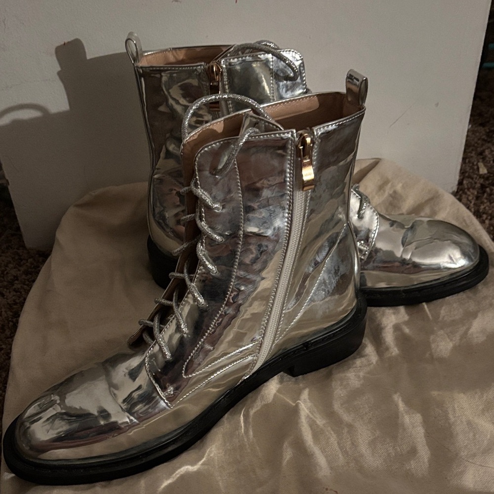 Silver Metallic Lace-Up Boots